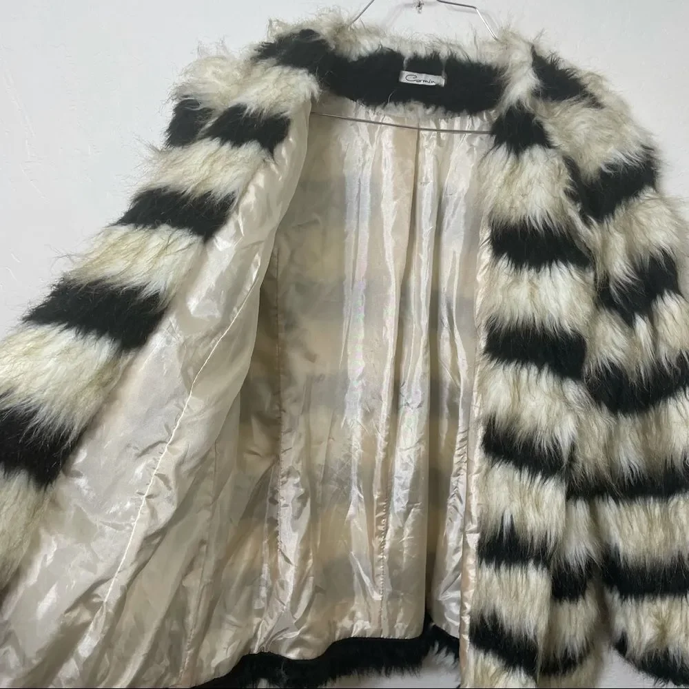 Carmin Black and Ivory Striped Fuzzy Faux Fur Coat size small